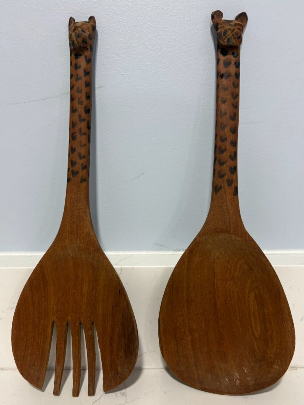 Vintage Hand Carved African Wood Salad Server Set, Leopard, Made in Kenya, 12"